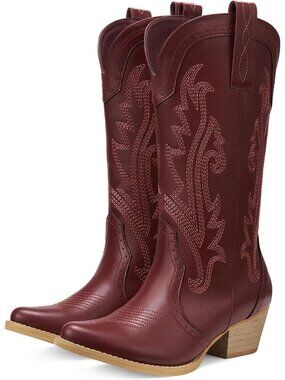 Women's Red Embroidery Pointed Toe Cowgirl Mid Calf Comfortable Western Boots
